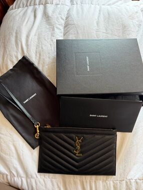 Saint Laurent Large Black Quilted Leather wristlet clutch